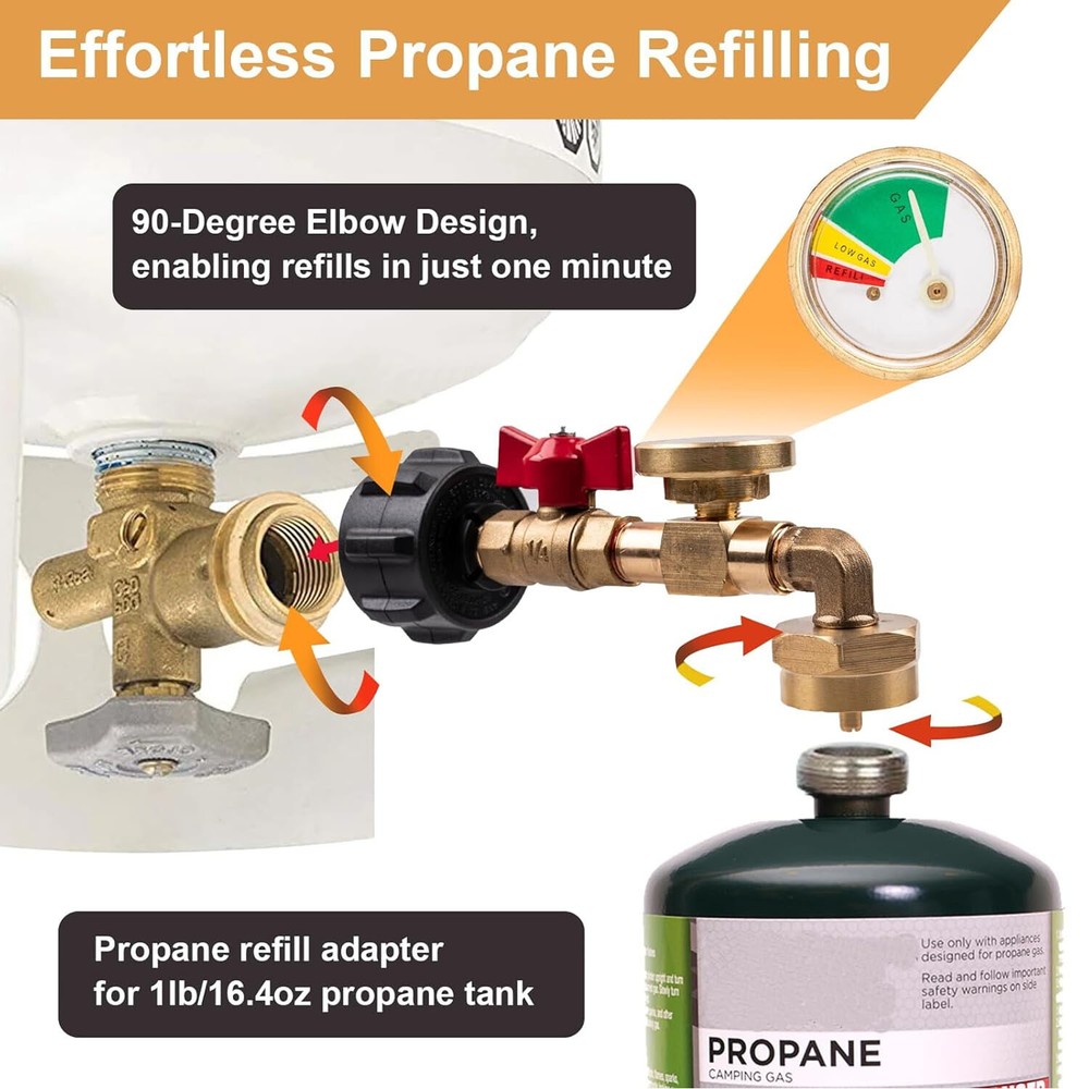 Safe Propane Refill Adapter, 90-Deg Design, QCC1 Connection, Solid Brass