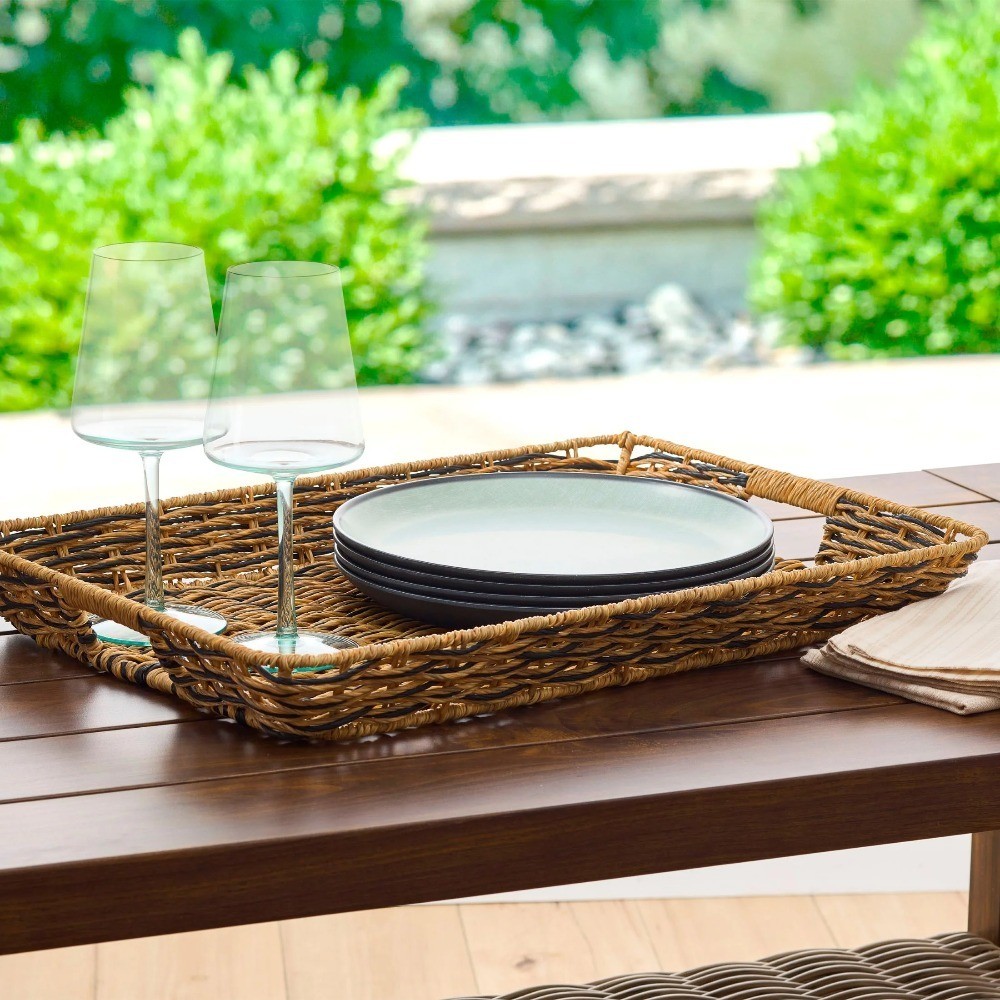 Rectangular Serving Tray Beige and Black Resin Rattan Weave Decorative Dining