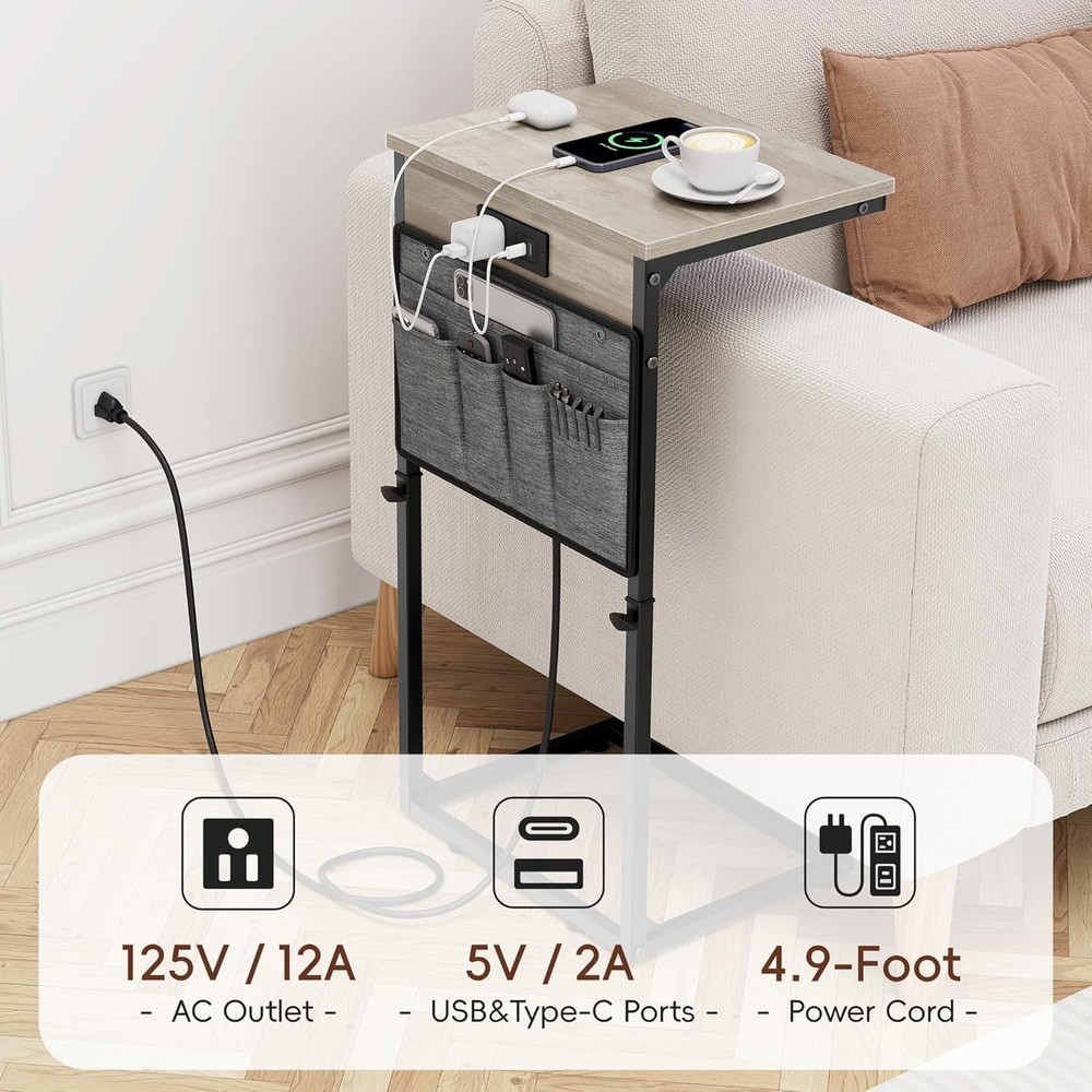 C Shaped End Table W/ Charging Station 33"Tall C Table End Table Adjustable