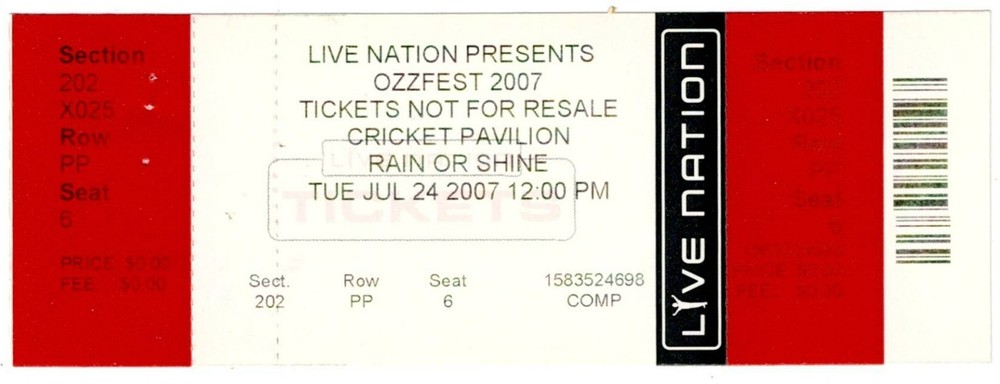 2007 OZZFEST concert ticket OZZY OSBOURNE Lamb of God Hatebreed 7/24/07 staples
