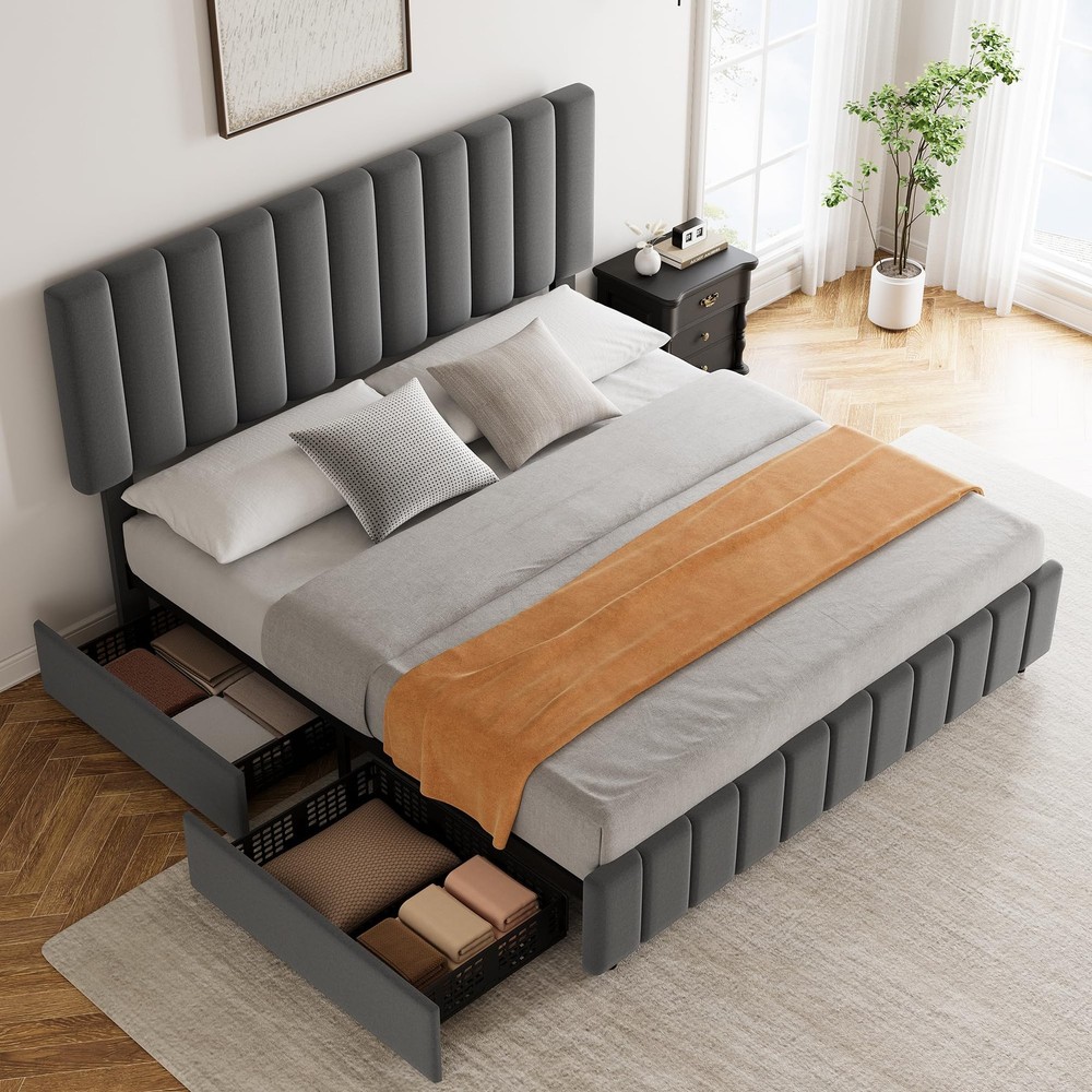 Queen Size Bed Frame with 4 Storage Drawers, Adjustable Height Headboard, Lin...