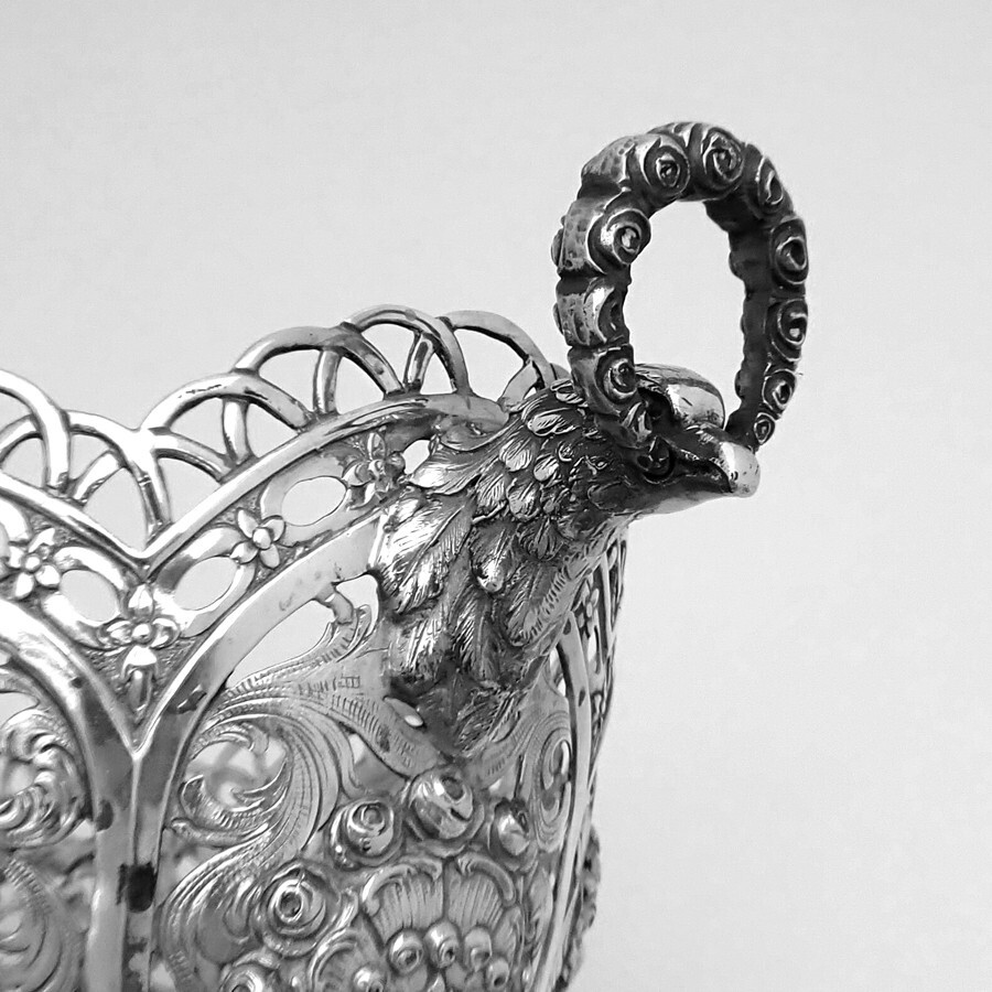 Ornate Footed Basket Open Work Designs Figural Handles 800 Silver