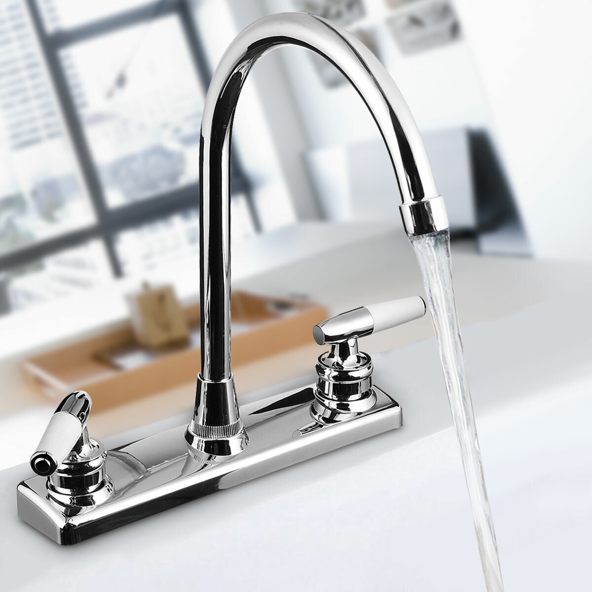8Inch Chrome High Arc Kitchen Faucet 2Handle Sink Mixer Tap Deck Mounted Plastic