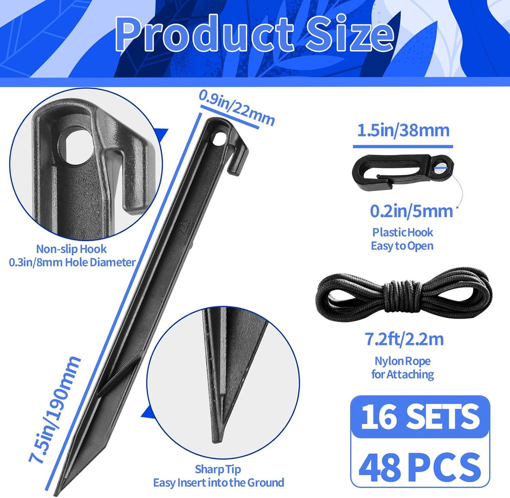 48PCS Inflatable Stakes with Tethers & Hooks, Plastic Tent Stakes Inflatable Acc