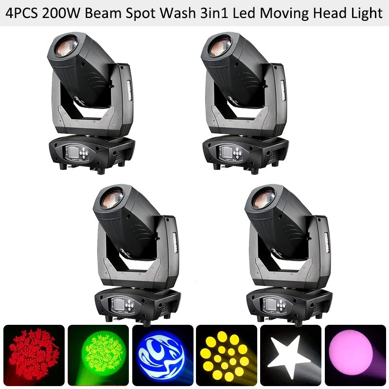 BECEN 4pcs 200W LED Moving Head Light 4 prisms Stage Gobo Beam Rianbow Effect