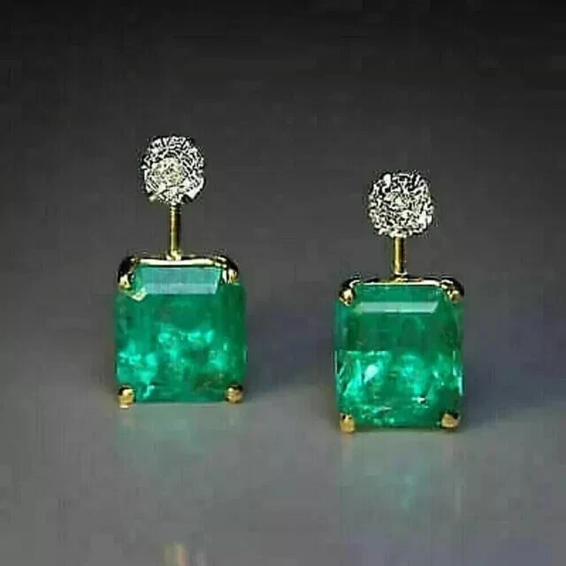 Natural Emerald 3Ct Emerald Cut Solitaire Stud Earrings 14K Yellow Gold Plated