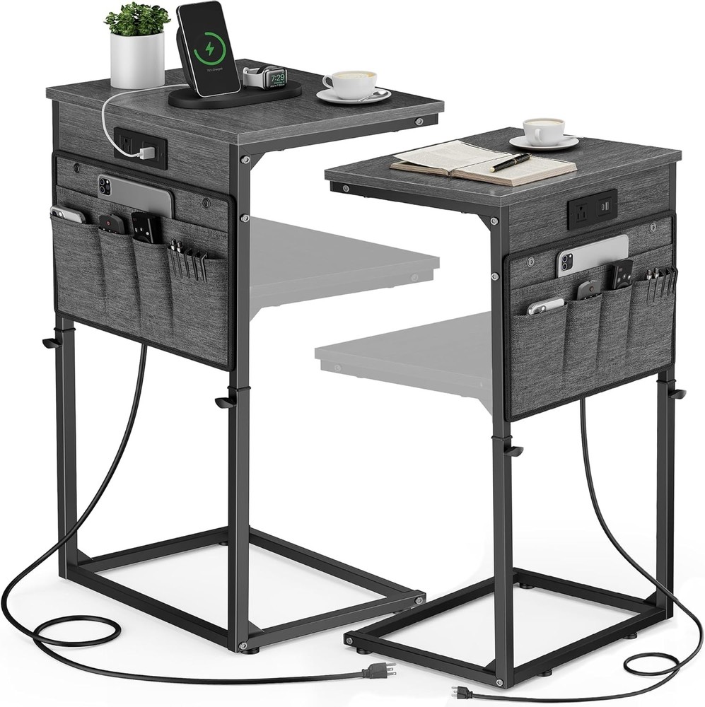 C Shaped End Table W/ Charging Station Adjustable Height Couch Sofa Side Table