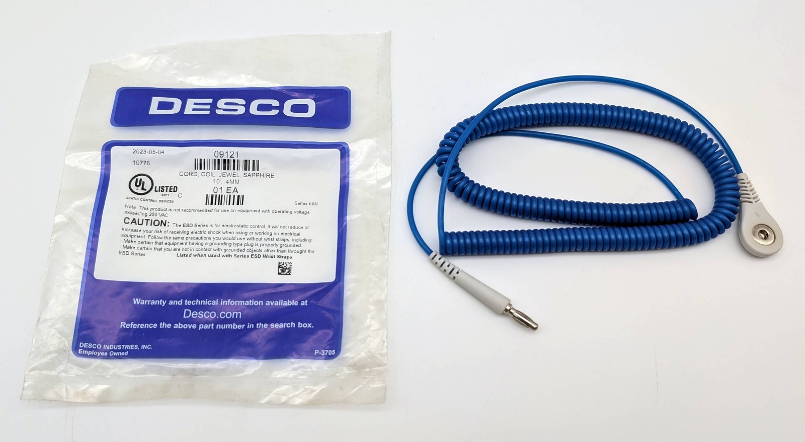 Desco 09121 Jewel ESD Wrist Strap Coiled 10ft Length Single Conductor 4mm Snap