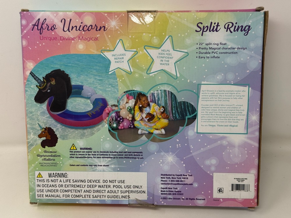 Afro Unicorn 22" Diameter Split Ring Swimming Pool Float Durable PVC Inflatable