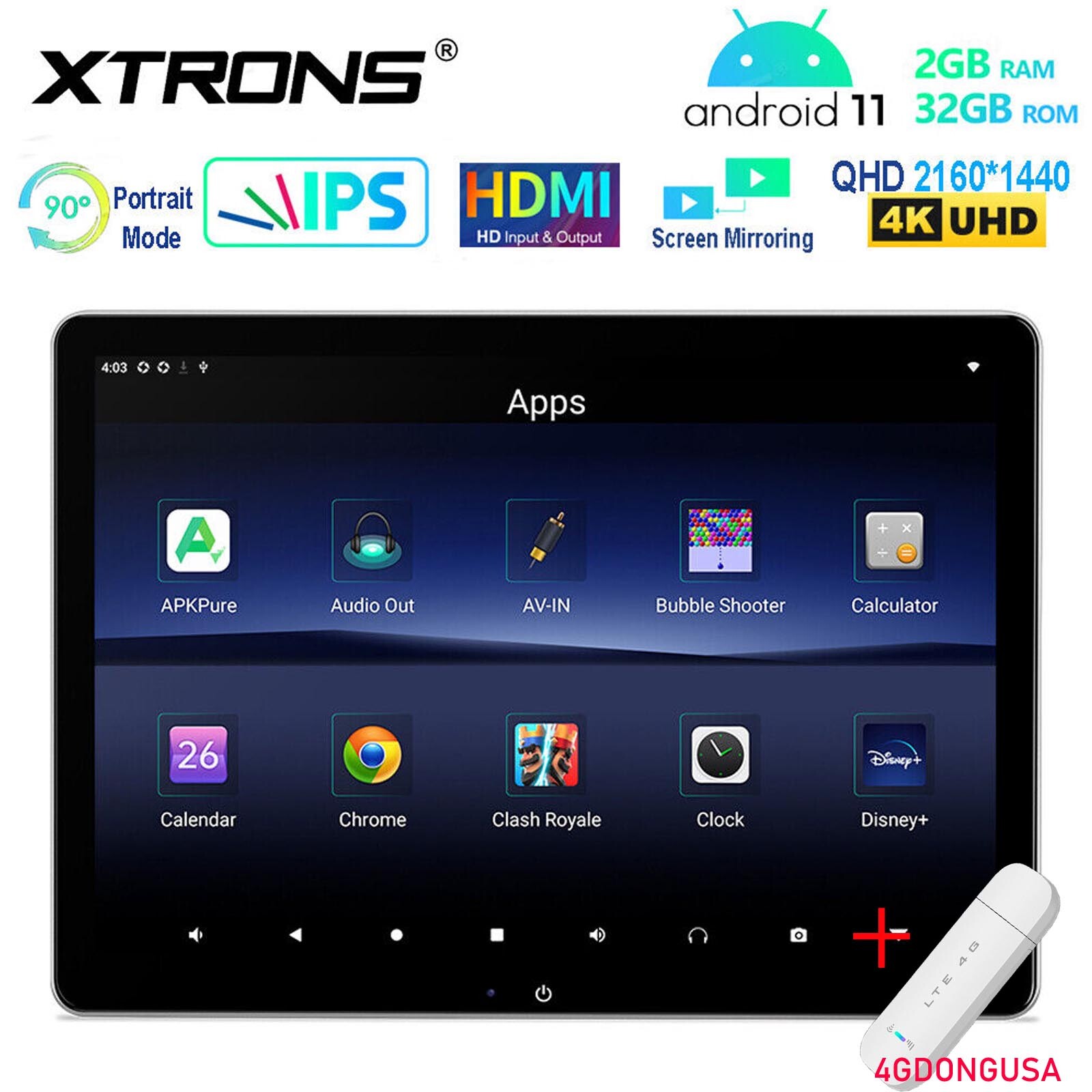 1x 12" 4K Video Android 11 2+32G Back Seat Car TV Headrest Monitor USB 4G Dongle