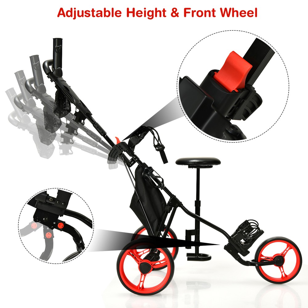 3-Wheel Foldable Golf Push Pull Cart Trolley w/ Seat Adjustable Handle Red
