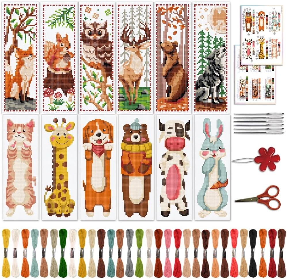 ACRNIGHEET 12PCS Cross Stitch Bookmark Kit for 8.5''X3'', Animals Pattern