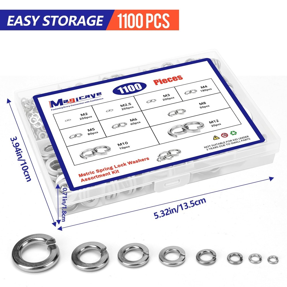 1100 Pcs Spring Lock Washers Assortment Kit, Metric Split Lock Washers, 304 S...