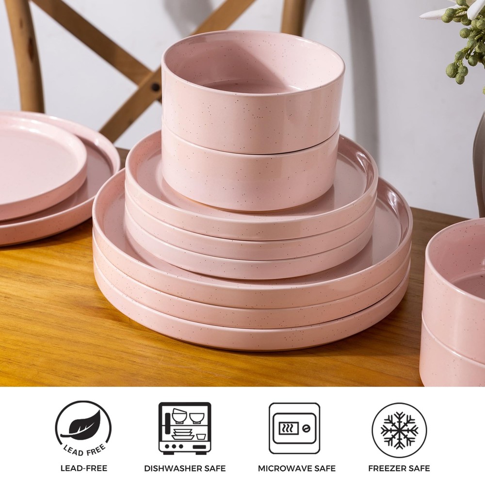 Ceramic Dinnerware Set for 4 | Speckled Stoneware Modern-Pink Service for 4