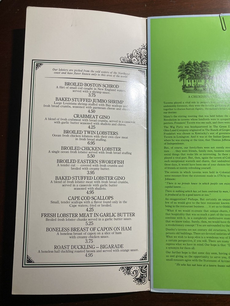 Dunfrey's Tavern Vintage Menu