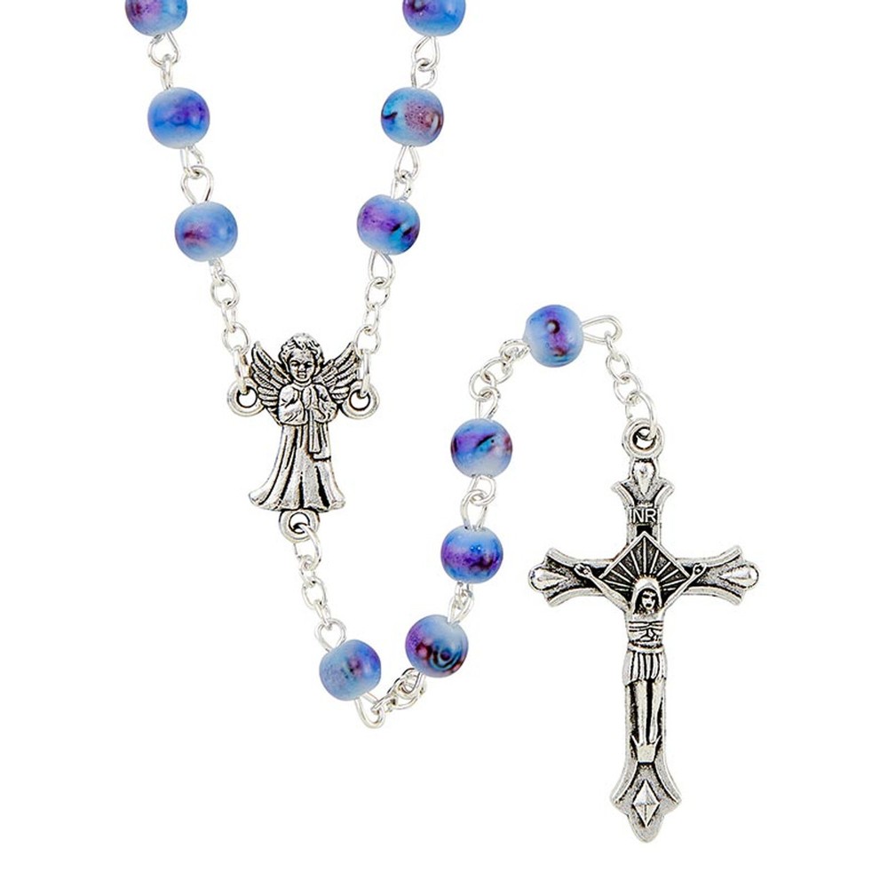 Guardian Angel Blue Marbled rosary With Gift Box( BK-18040) -19 1/2" Long