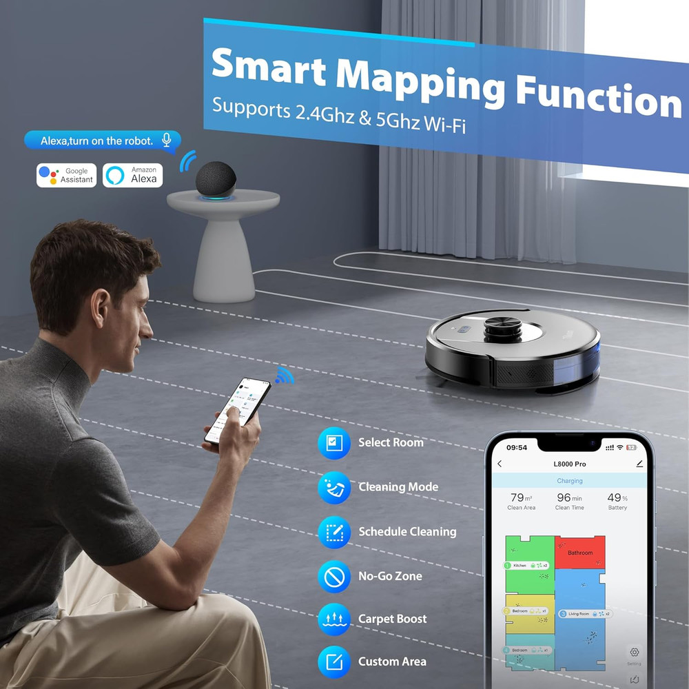 Robot Vacuum and Mop Combo, 6000Pa Automatic Robotic Vacuum Cleaner, Smart Mappi