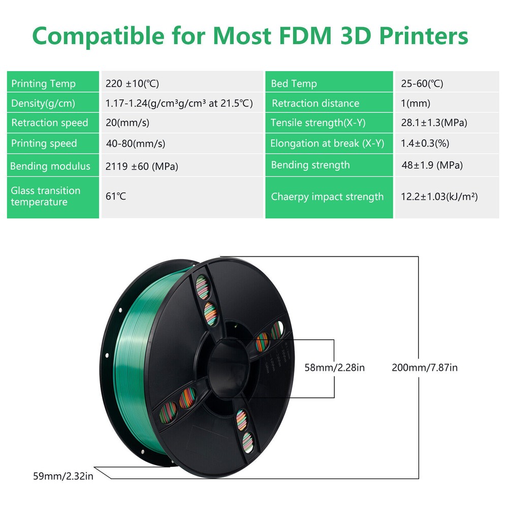Kingroon 3D Printer PLA Filament 1.75mm Silk Rainbow Candy Gradient Consumables
