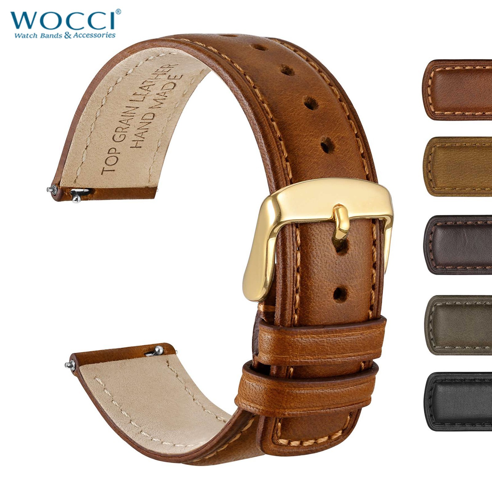 WOCCI Oil Wax Genuine Leather Watch Band, Quick Release Men Strap  18 20 22mm