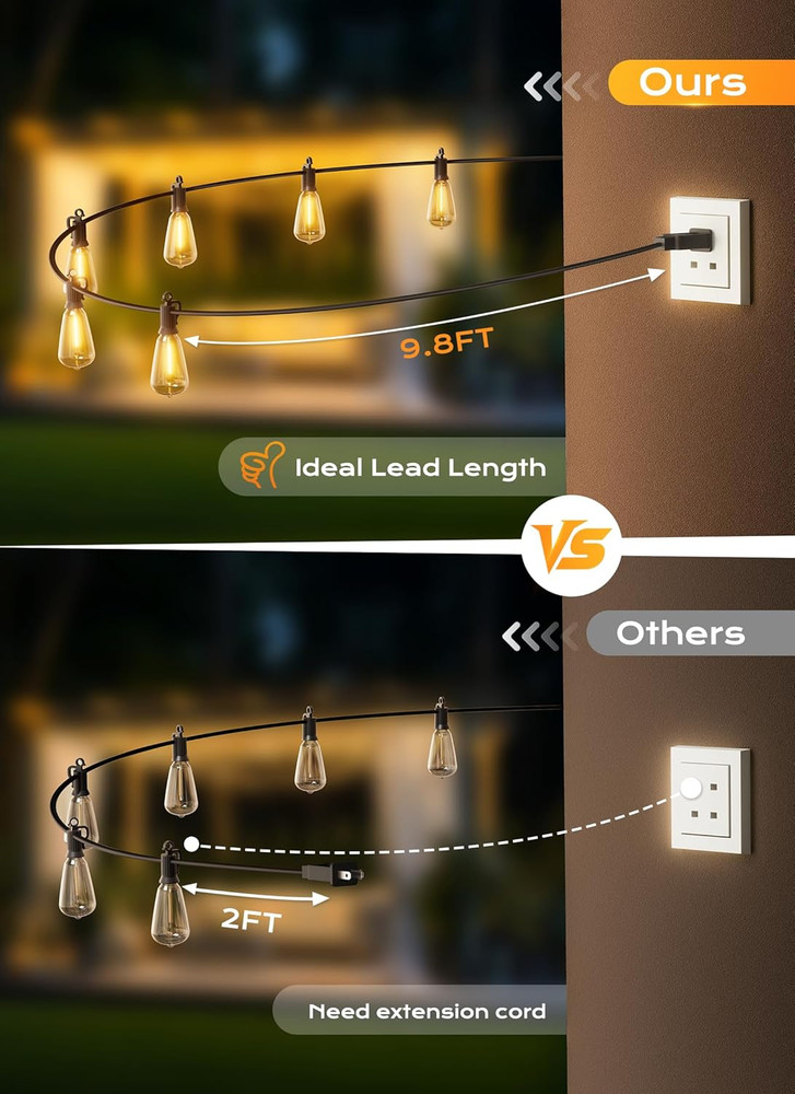Outdoor-String-Lights-Patio-Lights, 100FT ST38 Shatterproof Dimmable Waterproof