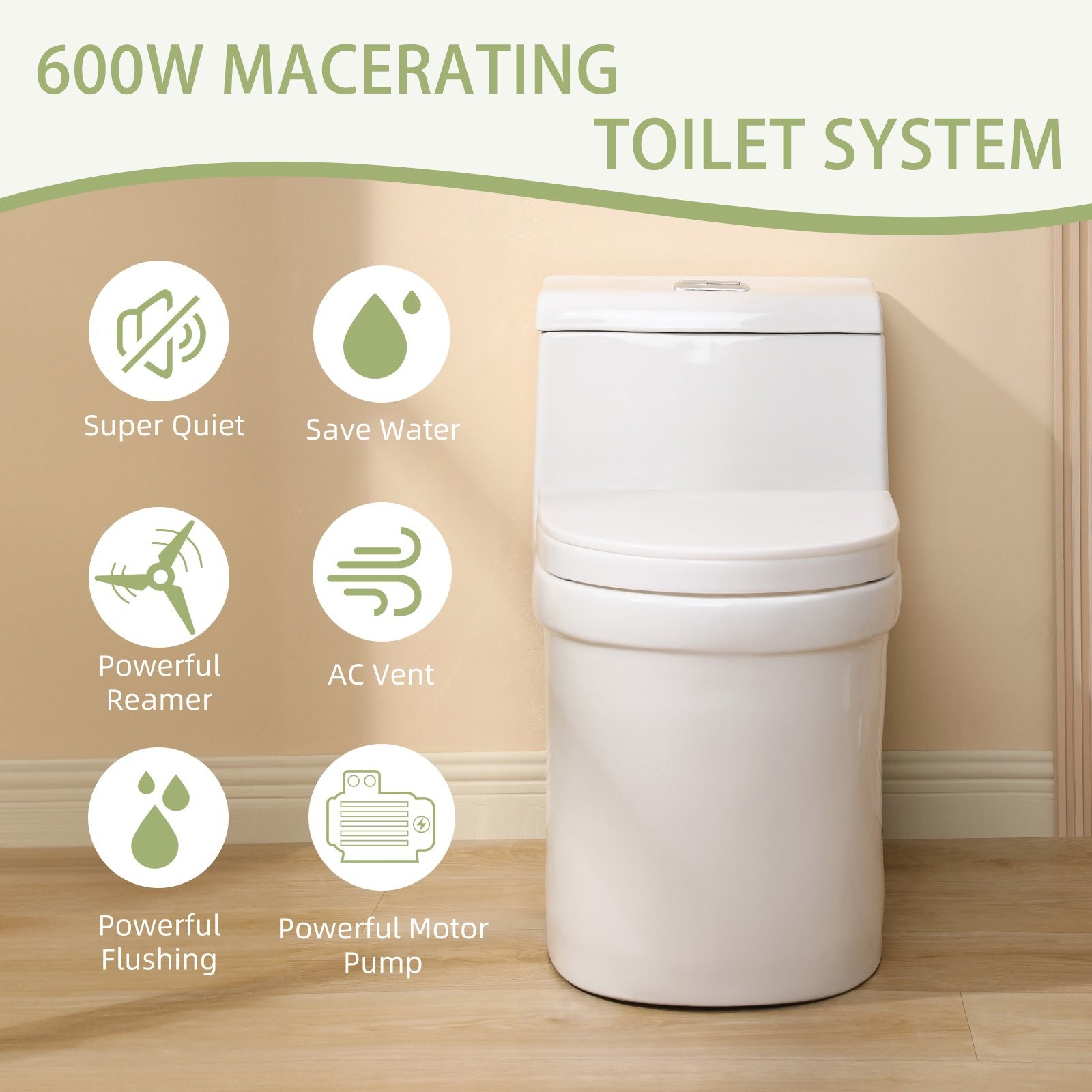 One Piece Macerating Toilet System with 600W Pump Upflush Toilet for Basement