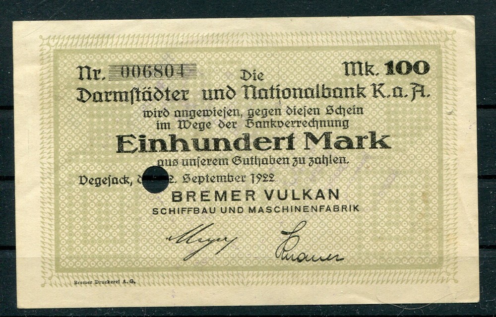 Vegesack 100 Mark Emergency Money from Bremen Volcano 2/12184