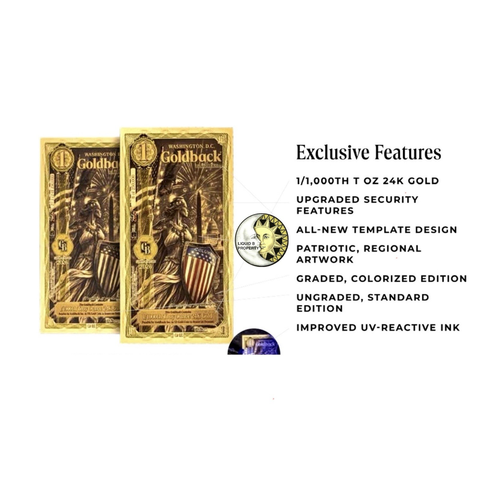 1 WASHINGTON DC GOLDBACK AURUM 24K GOLD 1/1000 OZ BU + GB SLEEVE 🔥