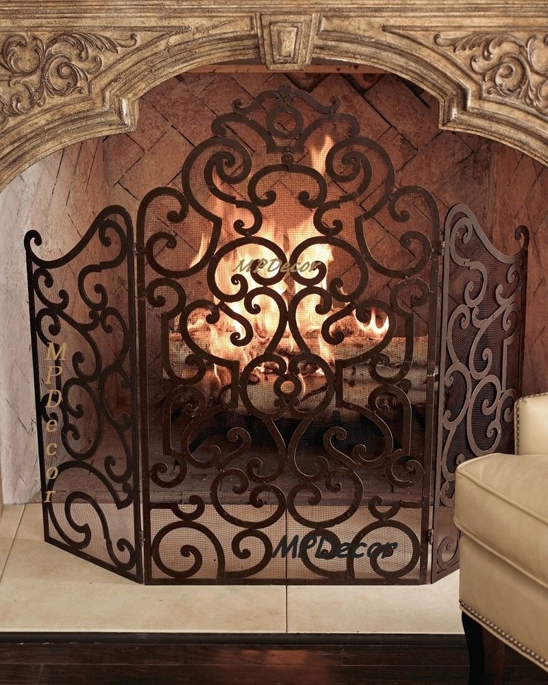 Scroll Design Fireplace Fire Screen Old World Tuscan Mesh Backing 48"W