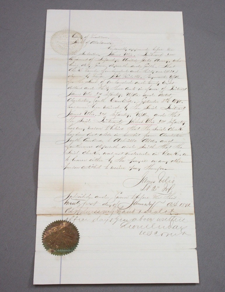 1871 Affidavit Concerning a Check From Paymaster Never Received - Madison, AL.