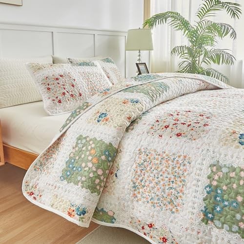 Patchwork Quilt Set Queen Full Size 88x88 3 PC Queen 90x90 Patchwork Green