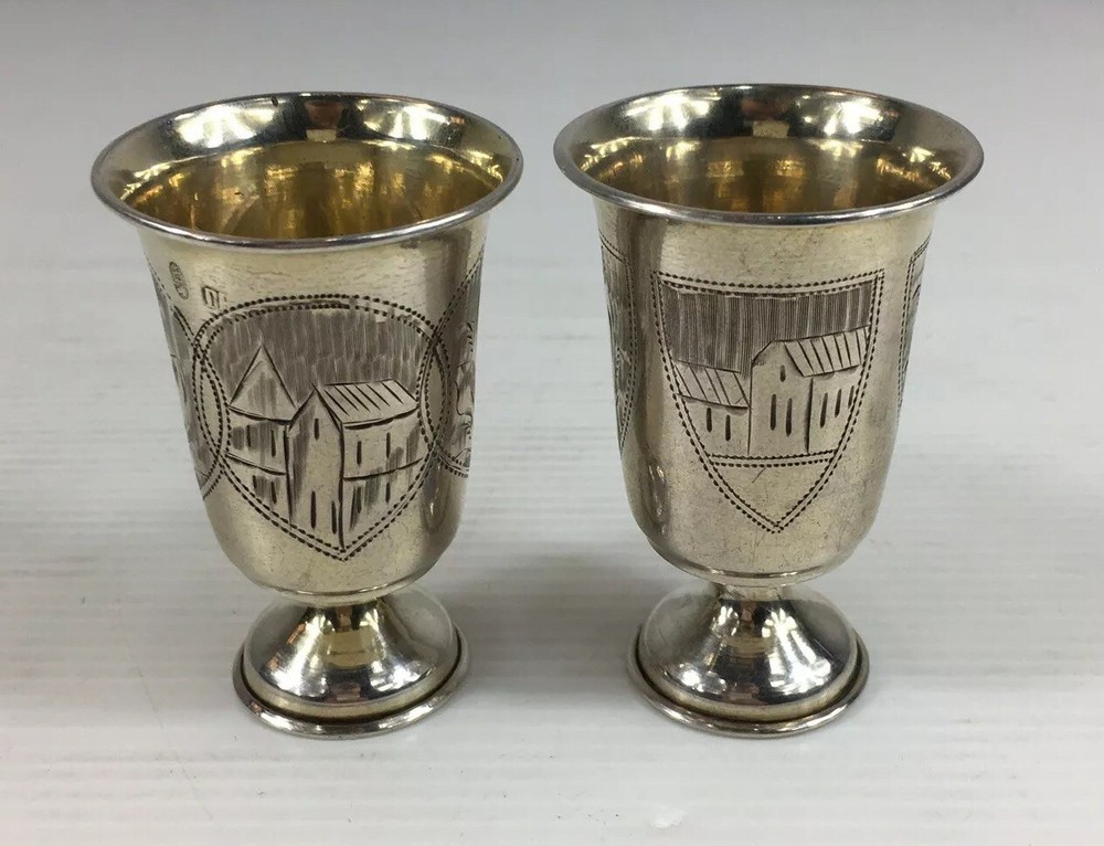 Pair Of Russian Solid Silver Scenic Kiddush Cups 6cm In Height