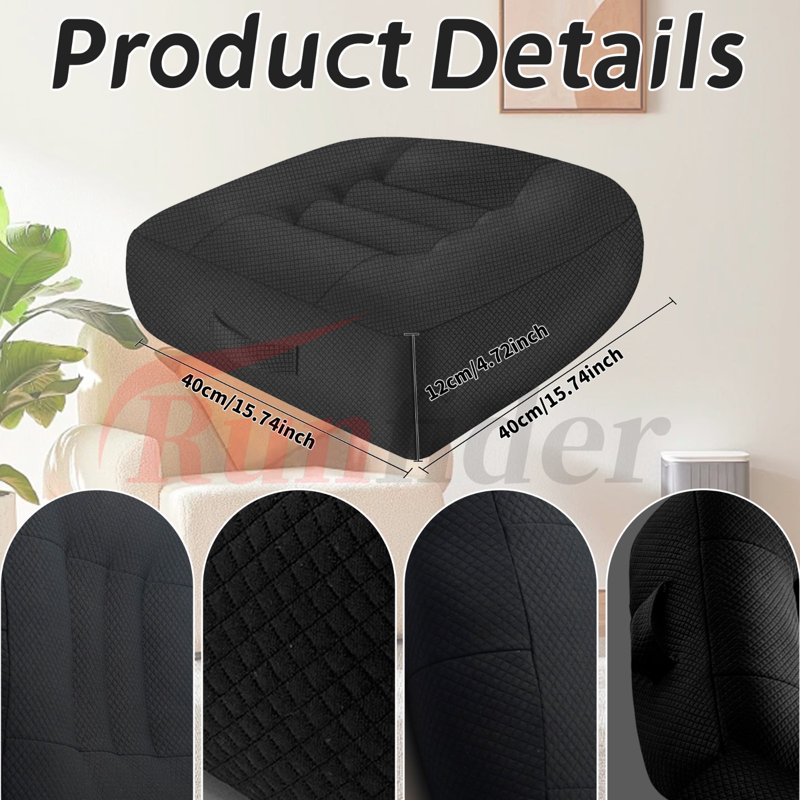 Black Ergonomic Seat Cushion 15.7x15.7x4.7in – Breathable Mesh for Car/Office
