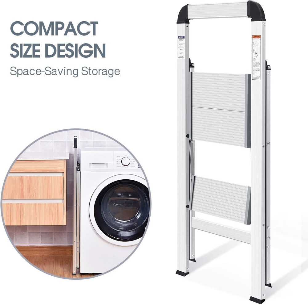 Portable Silver Step Ladder, 2-Step Design with Handrail for Easy Storage