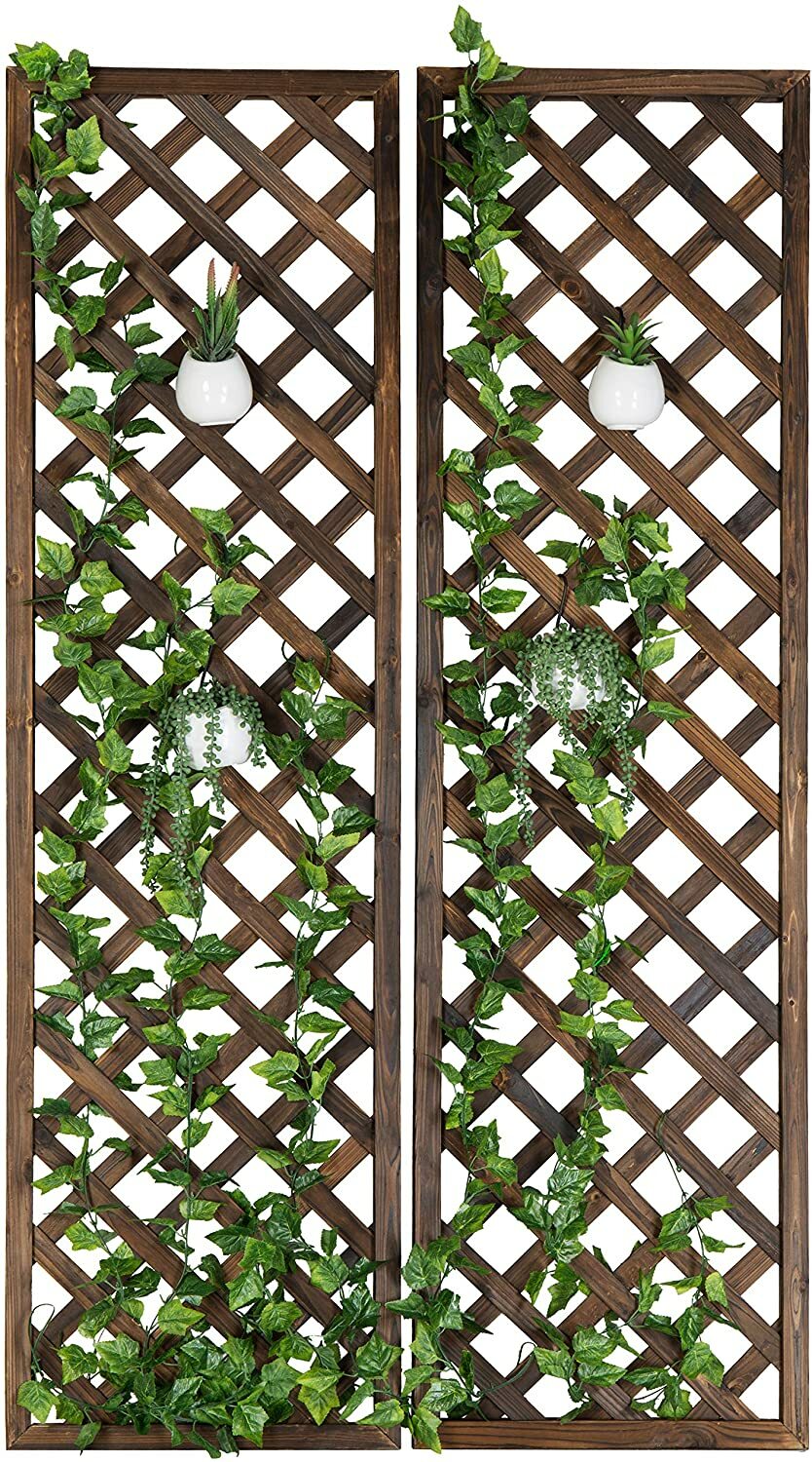 Wall-Mounted Brown Wood Garden Trellis, Lattice Plant Screen,Set of 2