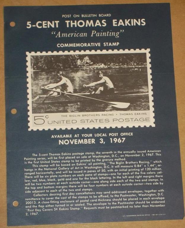 US STAMP POSTER #1335 5¢ THOMAS EAKINS COMMEMORATIVE POSTAGE STAMP, 1967
