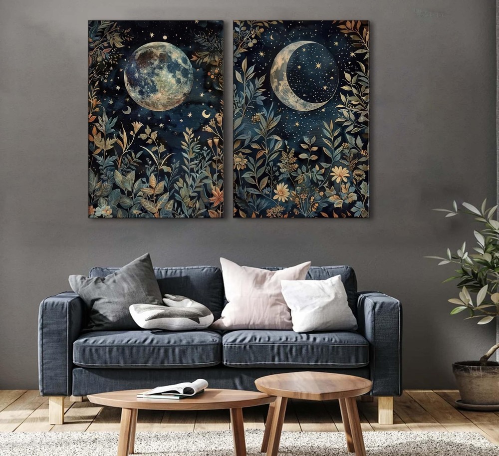 2 Pcs Vintage Celestial Canvas Wall Art Sun and Moon Celestial Botanical Ecli...