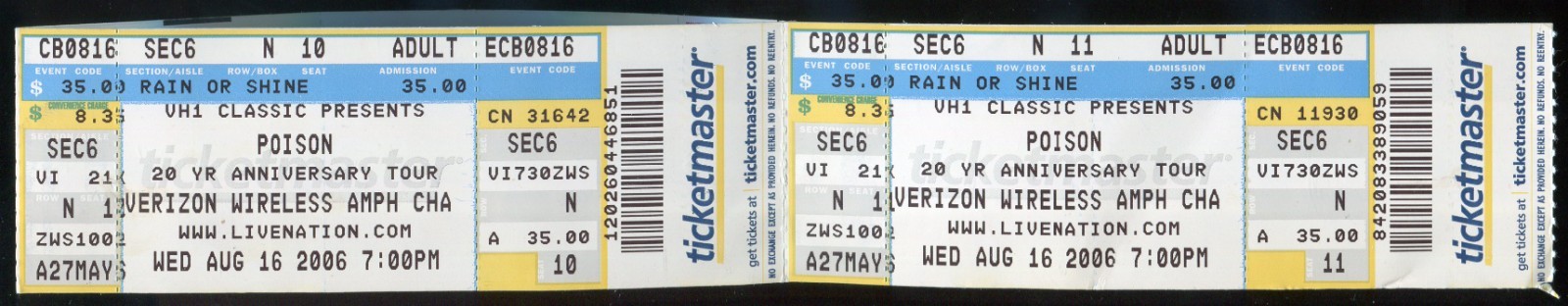 2006 Poison Cinderella Connected Block of Concert Tickets Stub Charlotte NC