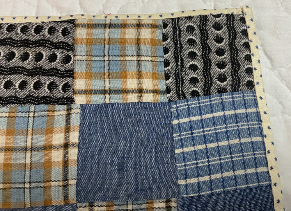 Vintage Patchwork Quilt Table Topper, Nine Patch, Early Calico Prints, Blue
