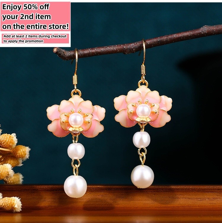 Enamel Pearl Drop Dangle Earrings Boho Flower Dainty Gemstone 18K Gold Plated
