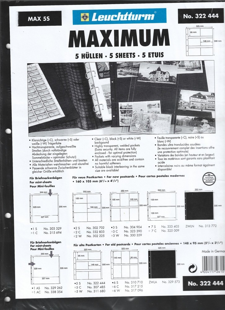 MAXIMUM Stock Sheets MAX5S BLACK 6-pocket for Older Postcards Pkg. 5
