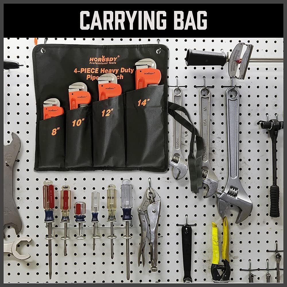 4 Pack Heavy Duty Pipe Wrench Set Adjustable 8" 10" 12" 14" with Storage Bag