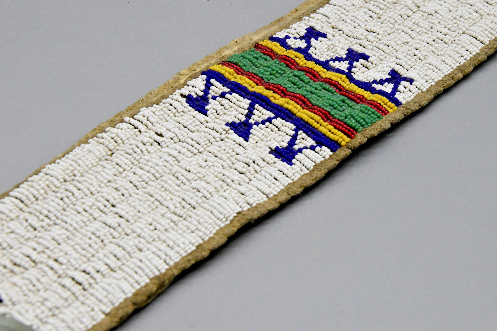 1890s Sioux Woman's Beaded Hide Blanket Strip w/Silk Ribbons 58" Long 2.75" Wide