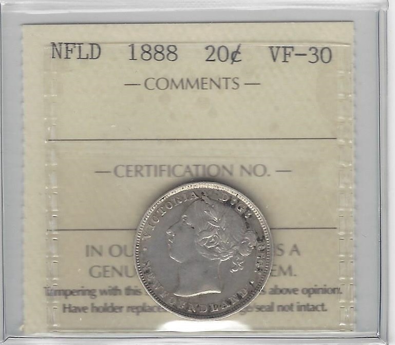 1888  ICCS Graded Newfoundland Twenty Cent **VF-30**