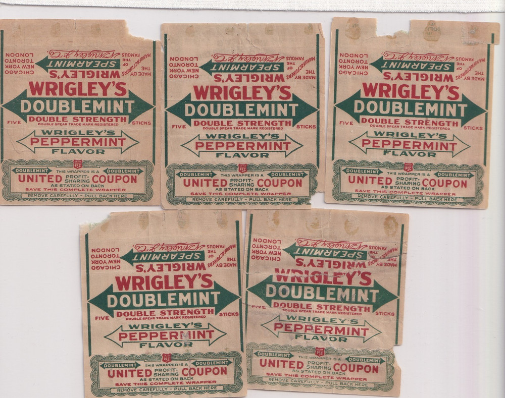 1920's 5 Wrigley's Gum Wrapper Obsoletes