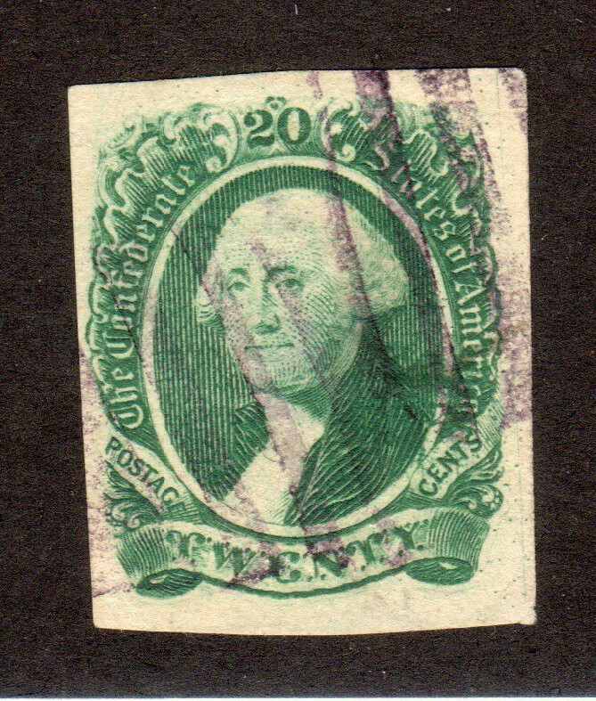1863-1864 CSA Confederate States SC 13 - Washington 20c, Used w/ Thin