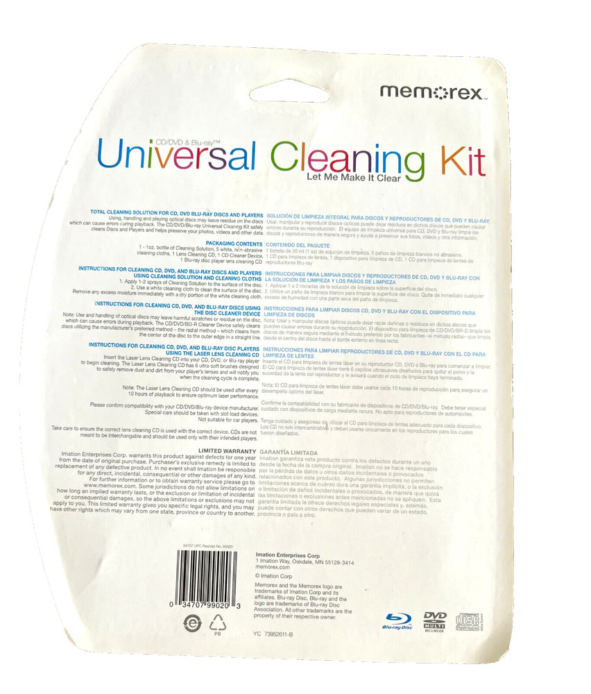 Memorex Universal CD/DVD/BD-R Cleaning Kit with Solution, NEW!