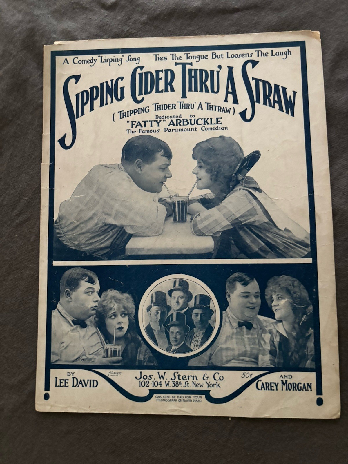 Fatty Arbuckle Sipping Cider Thru A Straw Vintage Sheet Music Silent Film Comedy