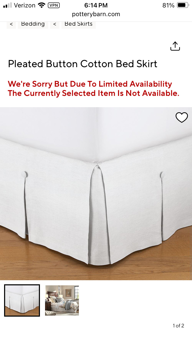 Pottery Barn Off-White Pleated Button Bed Skirt (KING) 14" Drop