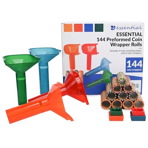 144 Pcs Assorted Preformed Coin Wrapper Rolls with Color Coded Coin Counter