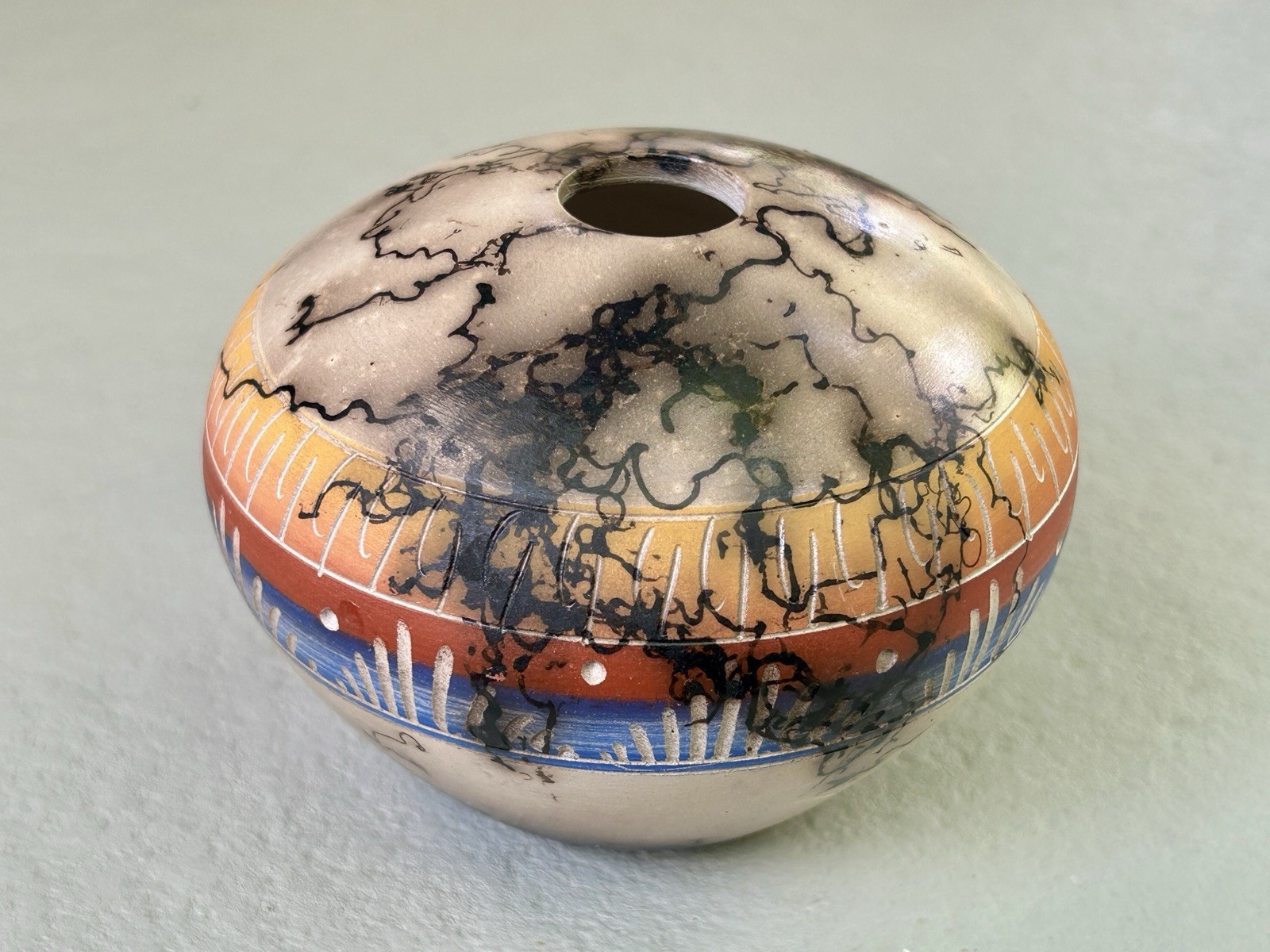 BH Pike Navajo Horse Hair Etchware Seed Pot 3″ x 4″ Signed 1990s Vintage